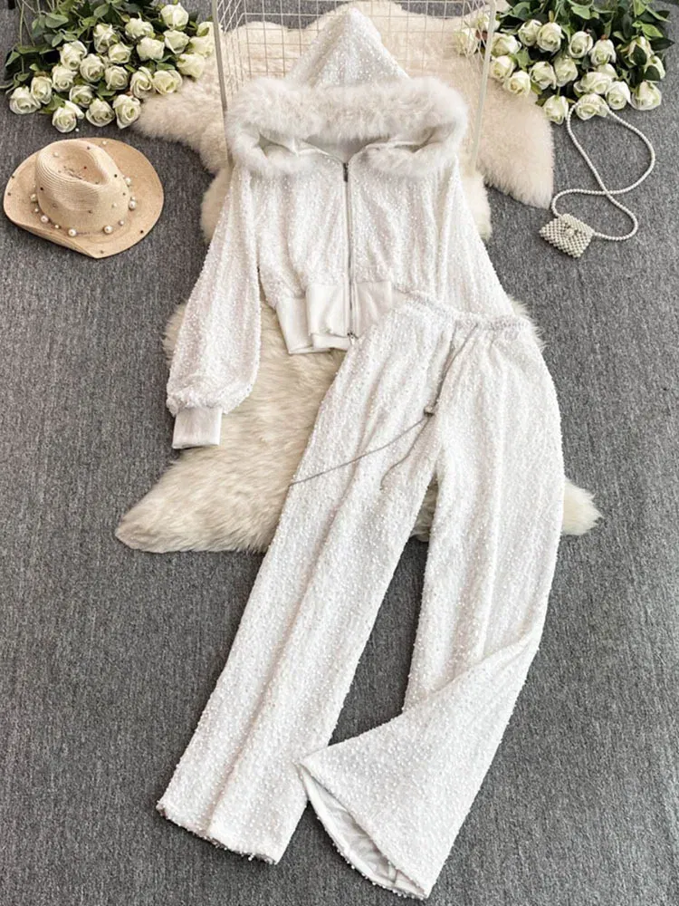 Color: WHITE, Size: One Size - Fashion Velvet Casual Suit Winter Clothes New Sweet Sequins Hooded Fur Collar Sweatshirt Wide Leg Pants Ladies Two-Piece Set