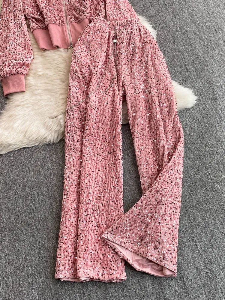 Color: WHITE, Size: One Size - Fashion Velvet Casual Suit Winter Clothes New Sweet Sequins Hooded Fur Collar Sweatshirt Wide Leg Pants Ladies Two-Piece Set