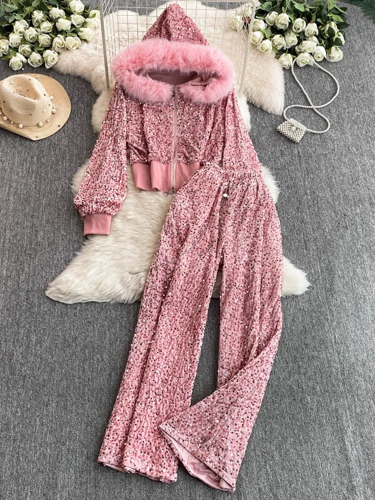 Color: WHITE, Size: One Size - Fashion Velvet Casual Suit Winter Clothes New Sweet Sequins Hooded Fur Collar Sweatshirt Wide Leg Pants Ladies Two-Piece Set