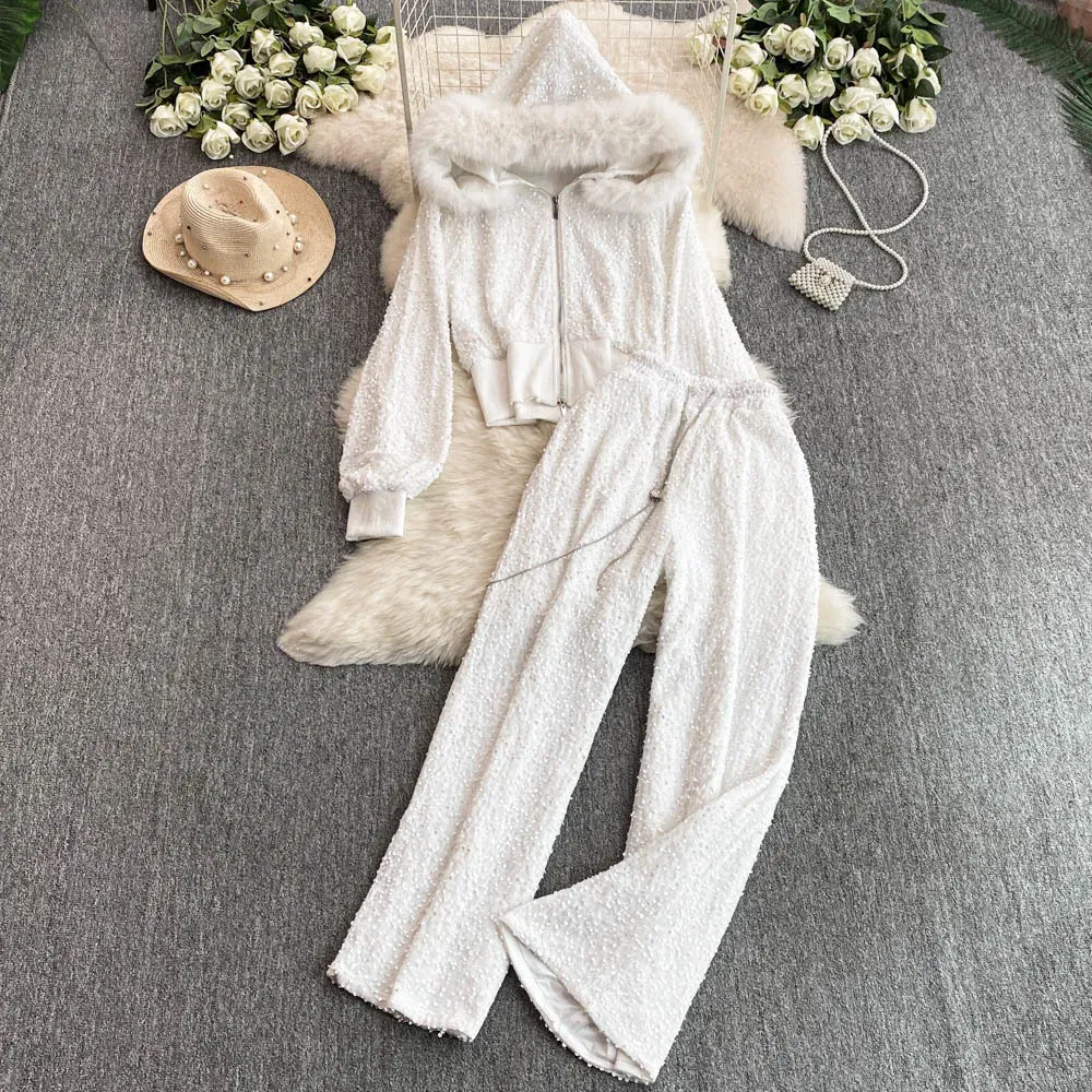 Color: WHITE, Size: One Size - Fashion Velvet Casual Suit Winter Clothes New Sweet Sequins Hooded Fur Collar Sweatshirt Wide Leg Pants Ladies Two-Piece Set