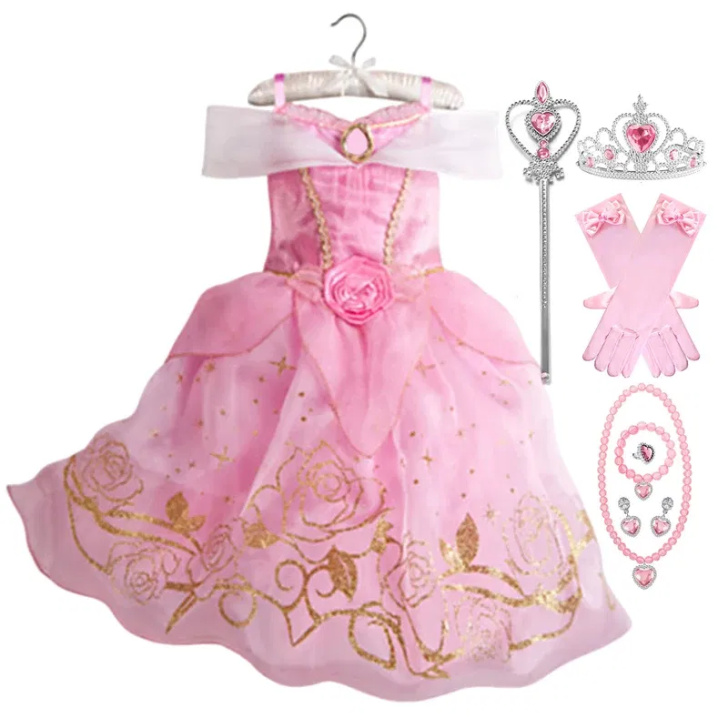 Color: Gold, Kid Size: 9 - Children Halloween Disguise Aurora Cinderella Disney Princess Costume Festival Dress up Kids Girls Sleeping Beauty Frock 1-12Yrs