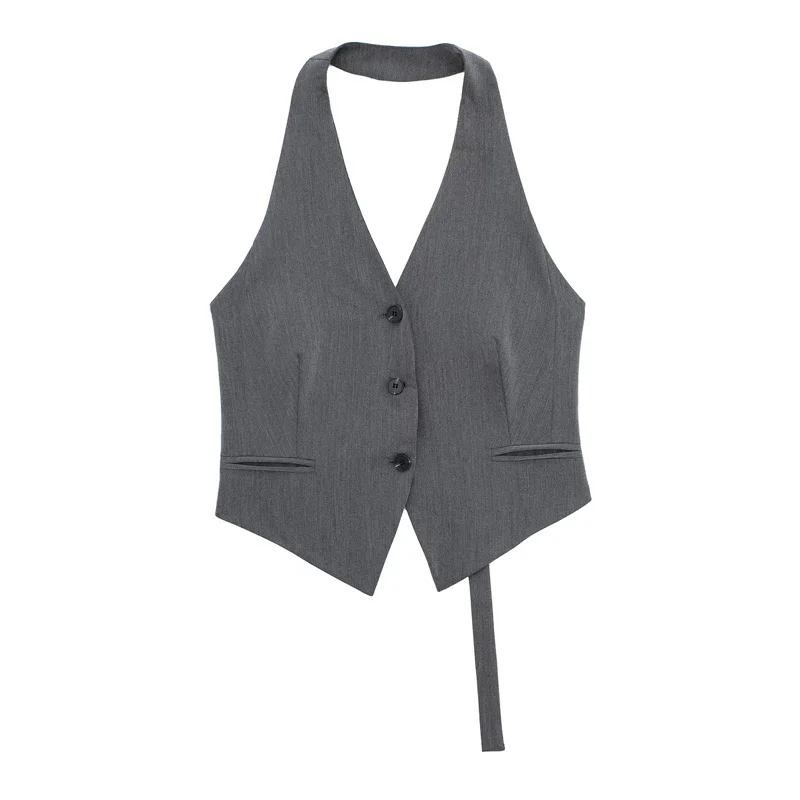 Color: GRAY, Size: S - MUJER Off Shoulder Sleeveless Vest Women Black White Cropped Vest Woman Fashion Backless V Neck Short Coats Summer Waistcoat