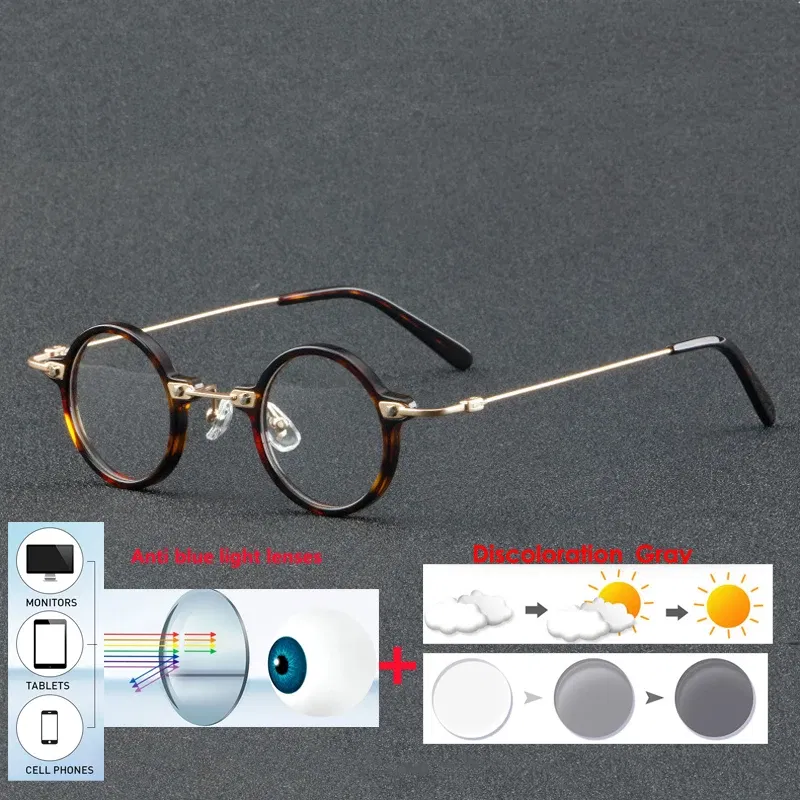 Frame Color: WHITE, Eye Prescription: +550 - VCKA Anti-blue Discolor Acetate+Titanium Myopia Glasses Frames Small Round Men Prescription Optical Women Eyewear -0.50 to -10.0
