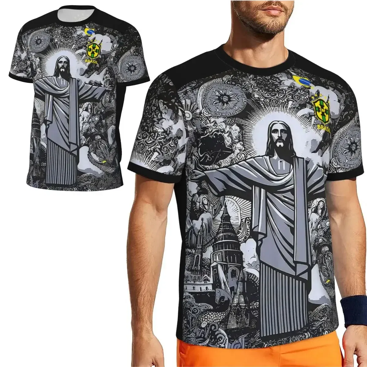 Color: black, Size: 5XL - 2024 Brazil Jesus Christ The Redeemer Special Edition Football Jerseys Breathable For Adult Children Soccer Traning Tops Shirts