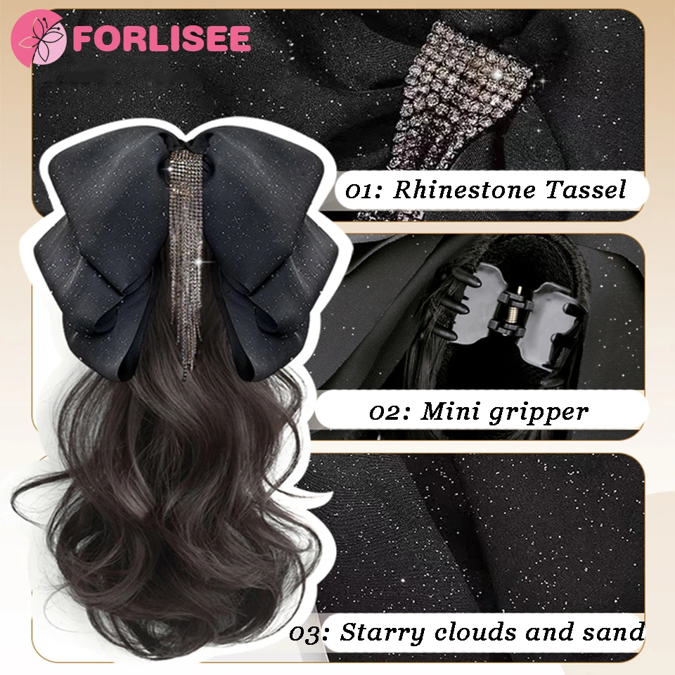 Color: 4/30HL - Synthetic Tassel Bow Claw Clip Ponytail Temperament Slightly Curly Hair Natural Heat-resistant Chemical Fiber Wig Ponytail