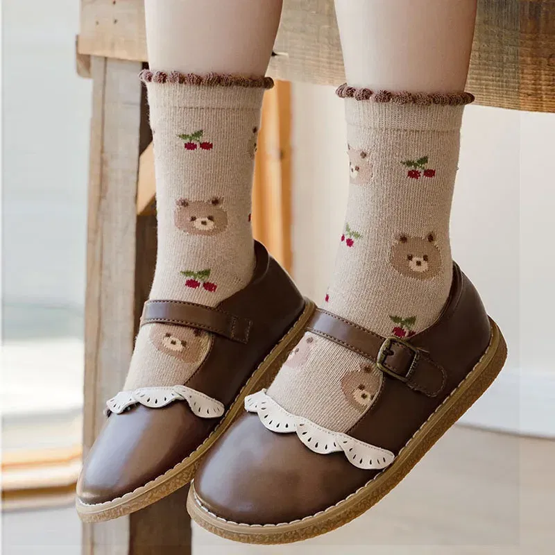 Color: Blue, Size: 10-12T - Autumn Winter Children's Socks Cute Coffee Bear Cartoon Cotton Socks Baby Girls 5 Pairs Mid Calf Socks