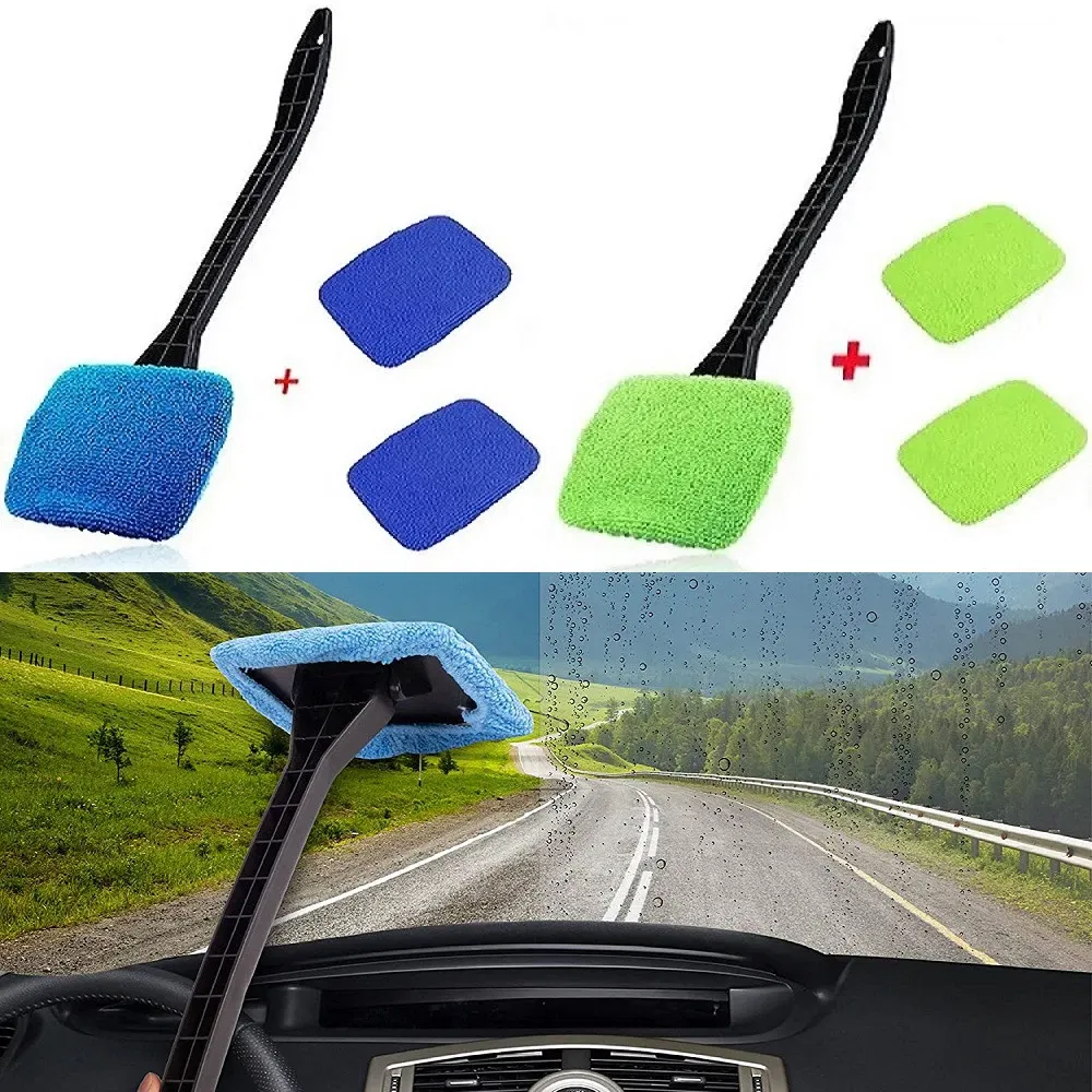 Color: Yellow - Car Windshield Cleaning Brush Kit Car Window Wiper Home Glass Defogging Dust Towel With Long Handle Cleaner Brush Washing Tool