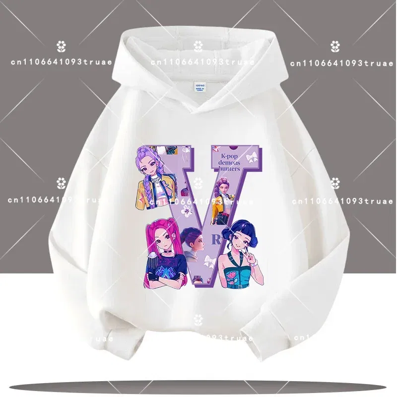Color: Red, Kid Size: 7 - K-pop Demon Hunters Letter A-Z 3-12 Year Old Children Hooded Sweatshirt Girls' Casual Shirt Boys' Sports Shirt Cartoon Print