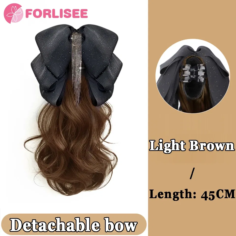 Color: 1B/30HL - Synthetic Tassel Bow Claw Clip Ponytail Temperament Slightly Curly Hair Natural Heat-resistant Chemical Fiber Wig Ponytail