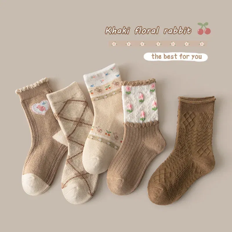 Color: Dark Grey, Size: 10-12T - Kids Socks Warm Cotton Autumn Spring Socks Girls Calf Length Coffee Khaki Bear Socks Baby Sock