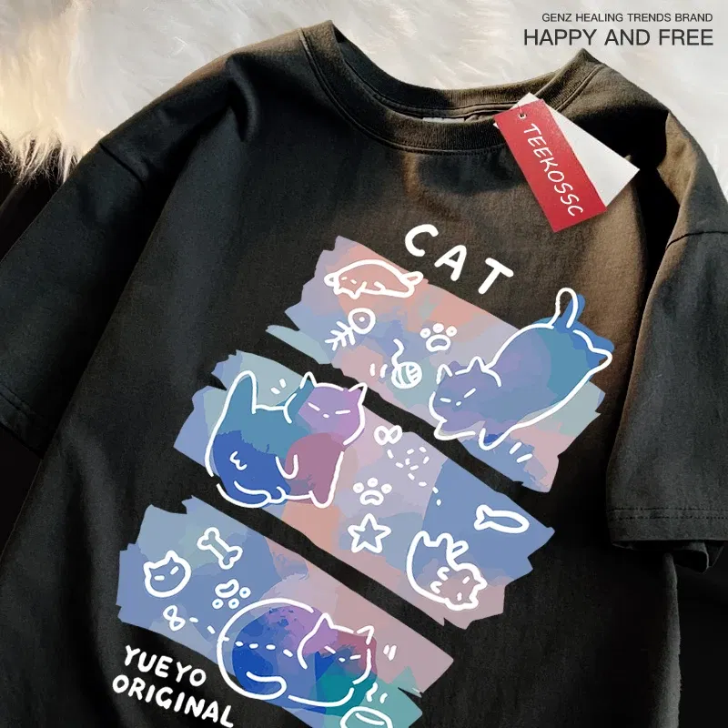 Color: Dark Grey, Size: XL - Fun Mischievous Cat Print Japanese Style T-Shirts Men Women Fashion Tshirs Breathable Summer T-Shirts Cotton Loose Tee Clothes