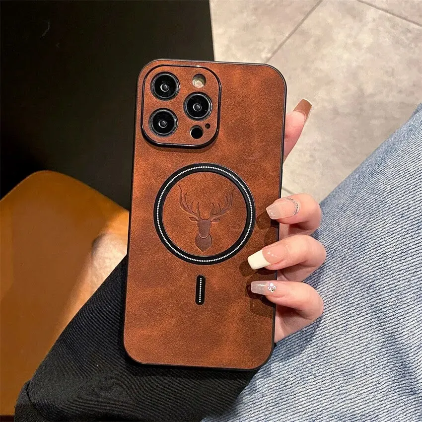Material: Cotton Fabric, Color: Dark Brown - Luxury For Magsafe Wireless Charging Phone Case For iPhone 15 Pro 14 Plus 13 12 11 Pro Max Elk Magnetic Bumper Protective Cover