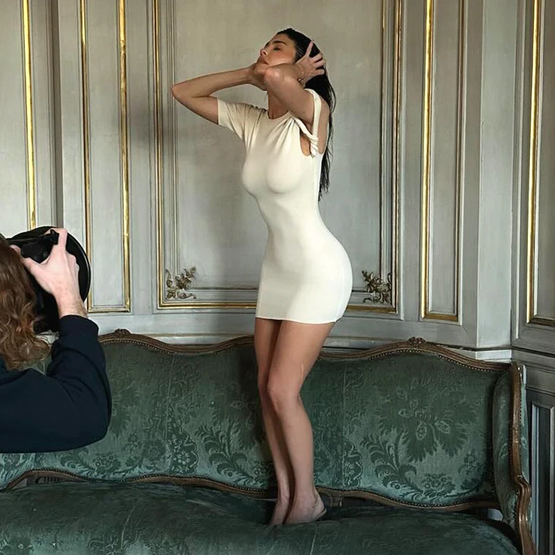 Color: Beige, Size: XS - CUTENOVA Irregular Dress Women Hispter Summer Trend Hollow Knot Solid Simple Casual Stretch Streetwear Thin Midnight Bodycon