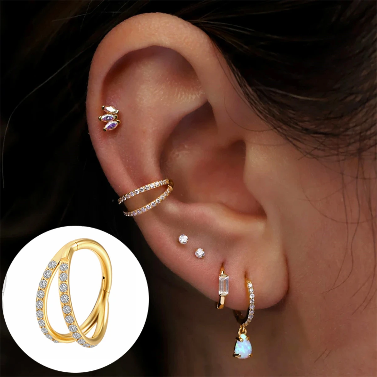 Metal color: Light Yellow Color, Main Stone Color: WHITE - G23 Titanium Piercing Hinged Segment Hoops CZ Stone Nose Rings Ear Cartilage Tragus Helix Earrings Piercing Body Jewelry