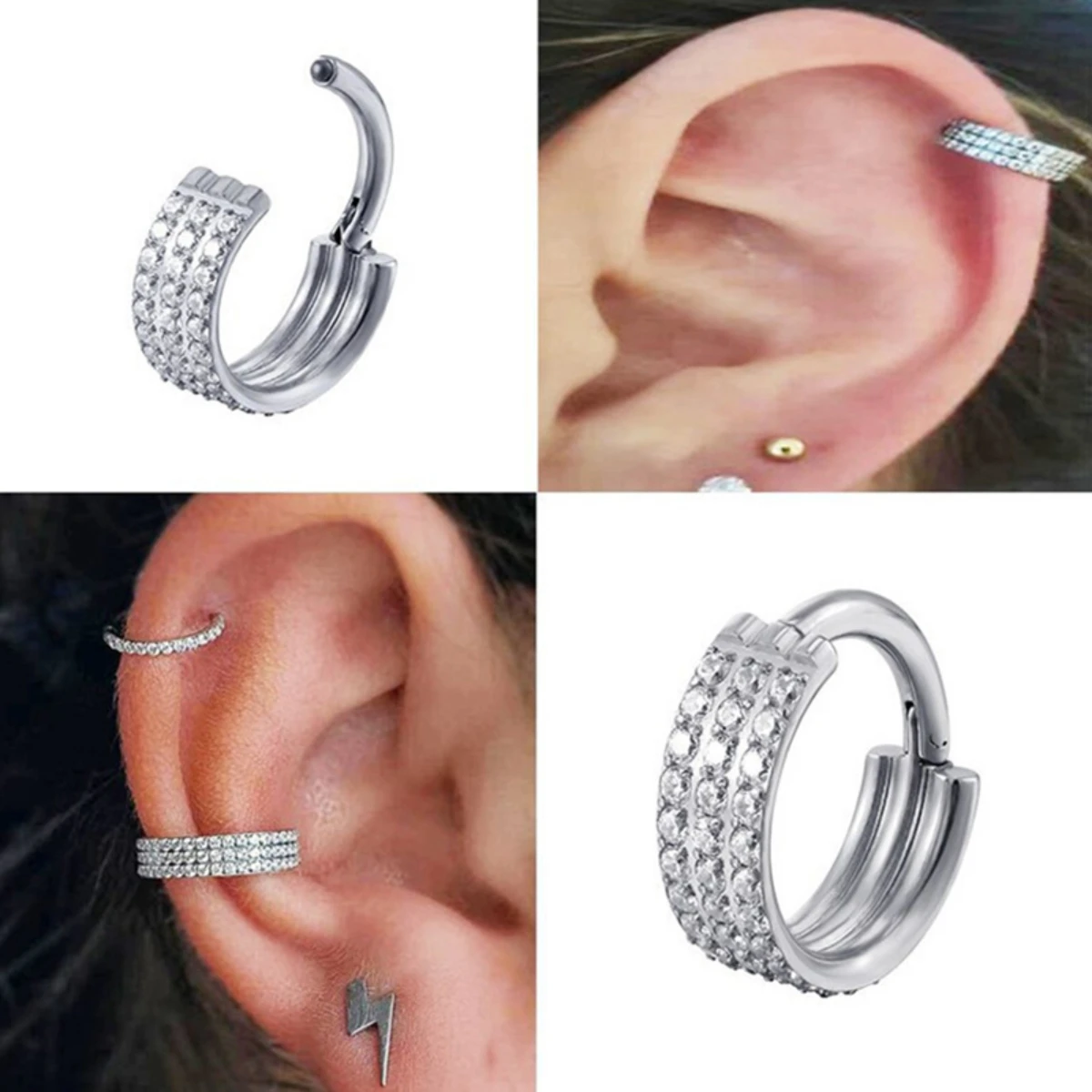 Metal color: Light Yellow Color, Main Stone Color: WHITE - G23 Titanium Piercing Hinged Segment Hoops CZ Stone Nose Rings Ear Cartilage Tragus Helix Earrings Piercing Body Jewelry