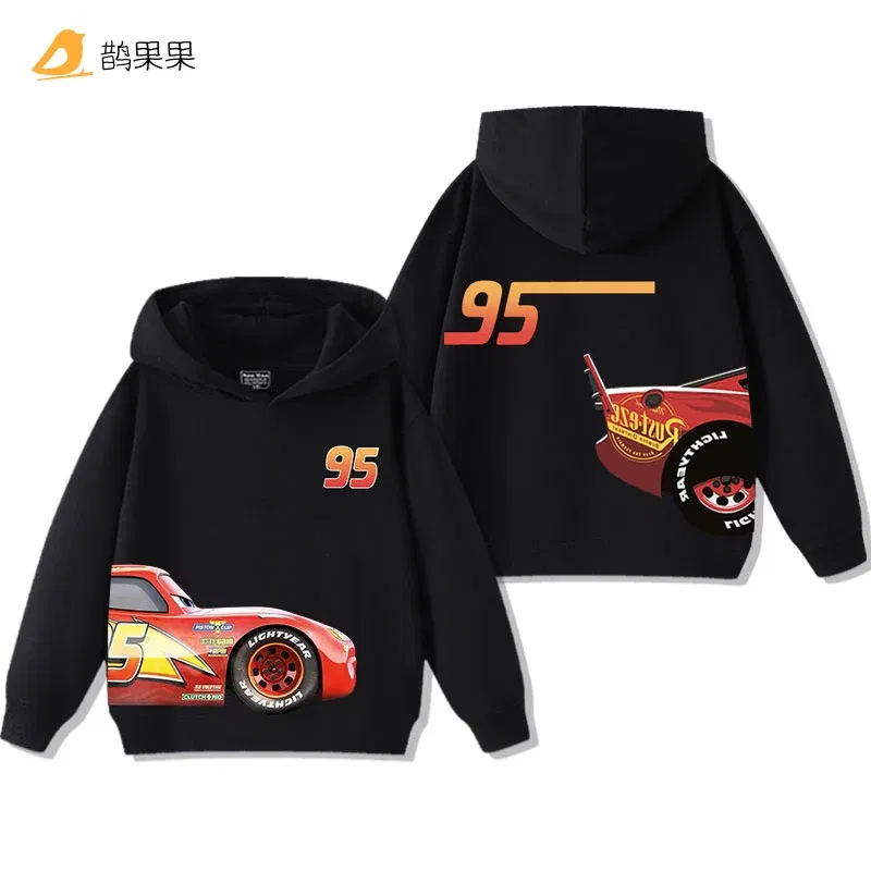 Color: Ivory, Kid Size: 140 - Cars Lightning McQueen Fun Printed Kids Boys Girls Hooded Sweatshirt Fall and Winter Casual Fashion Warm Student Hoodie