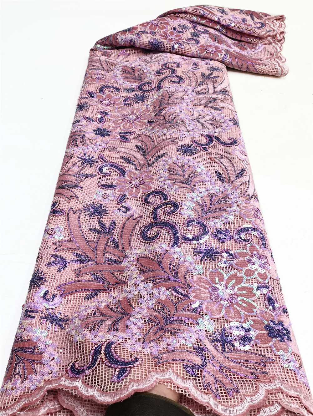 Color: pink, length: 5 yards, Width: 120cm - African Velvet Lace Fabric, High Quality Elegant Nigerian Wedding Sequins Lace Fabrics 5 Yards Laser Cutting French Tulle Laces
