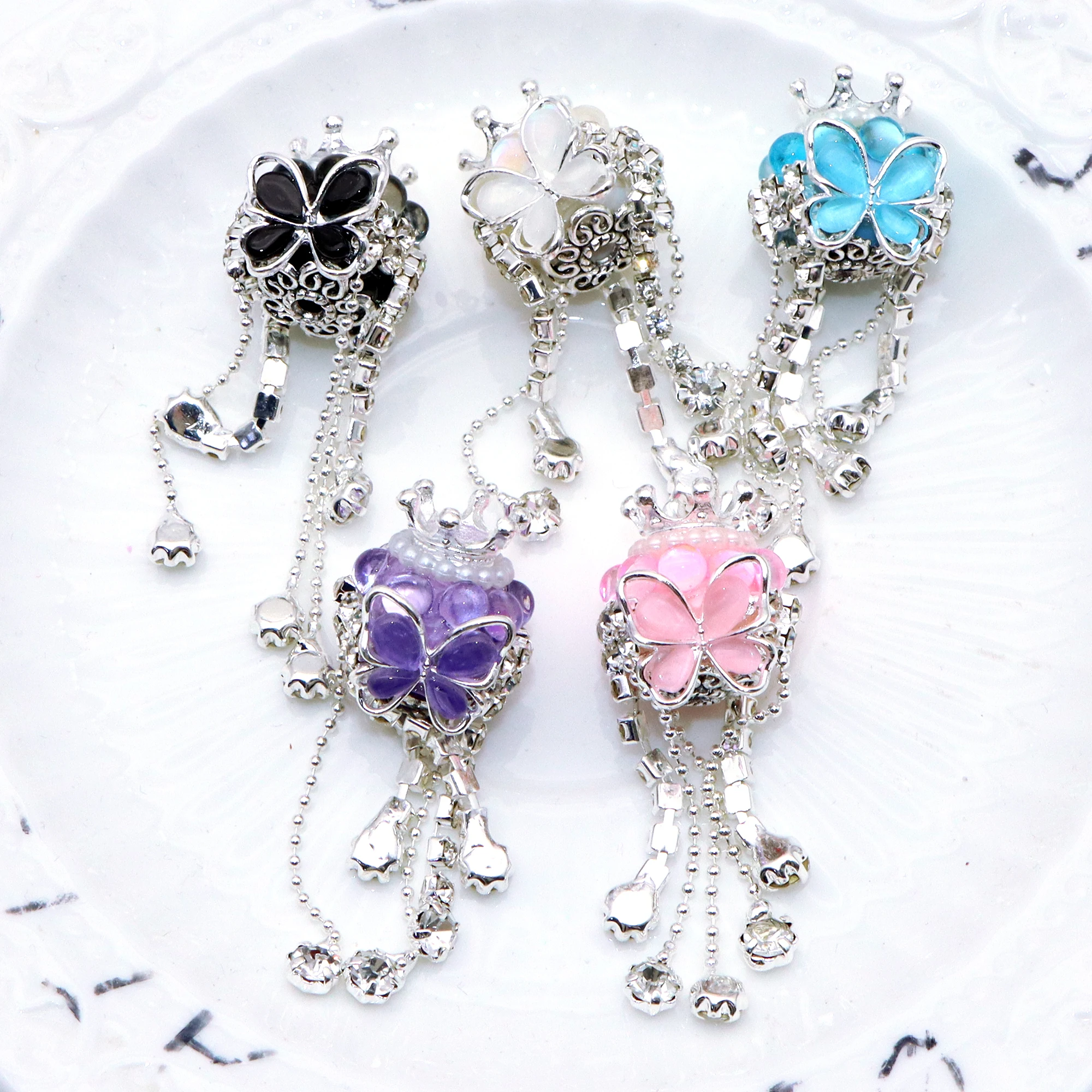 Color: Antique Brass - 1Pc Luxury Butterfly Rhinestone Faux Crystal Beads Opal Effect with Tassel Loose Spacer Beads with Hole Jewelry Making DIY Brace