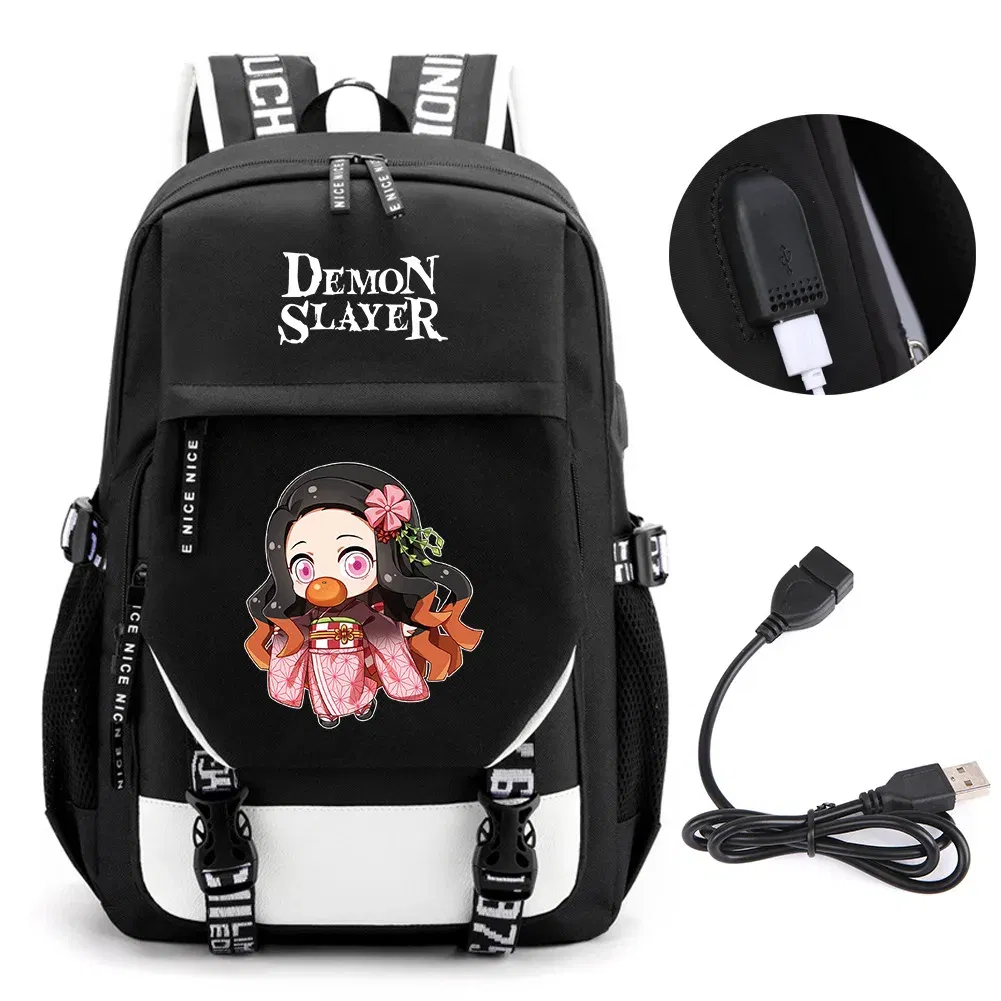 Color: Burgundy - Anime Demon Slayer Kamado Nezuko Backpack School Book Bags Mochila Travel USB Port Bag Laptop Boy Girls Gift