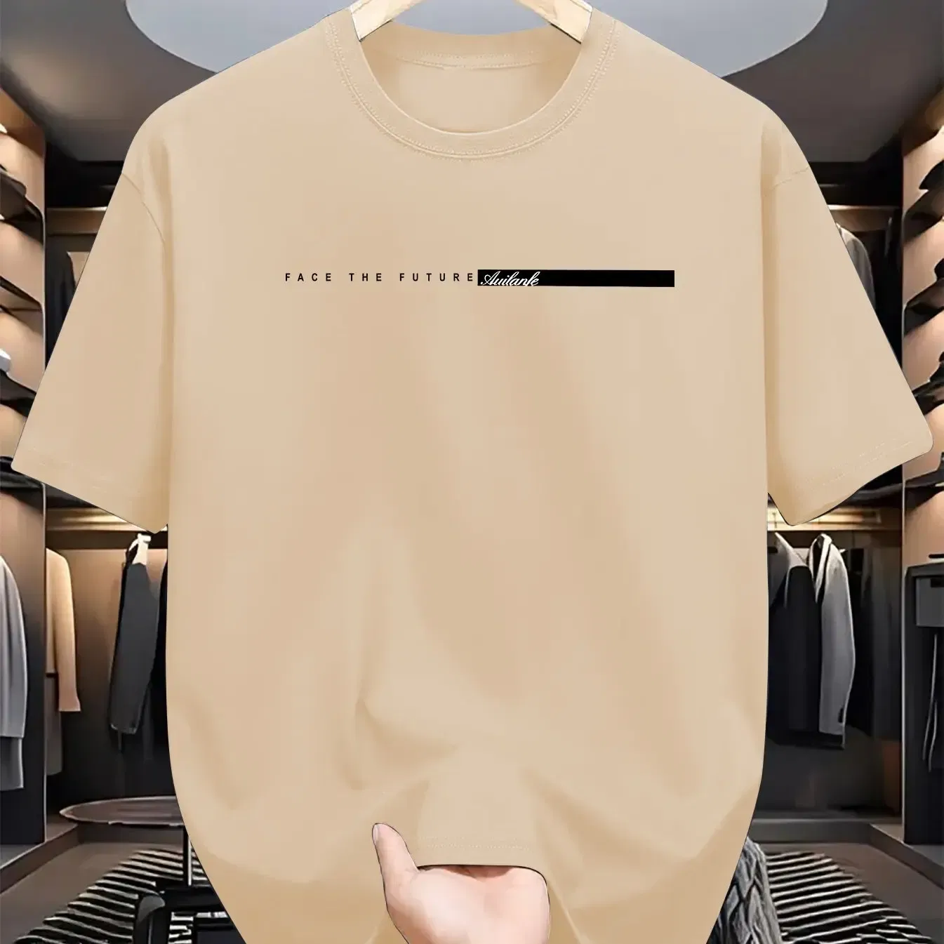 Color: Beige, Size: XL - Summer men's 100% cotton casual loose fit large letter print round neck short sleeved T-shirt top High Street Unisex style