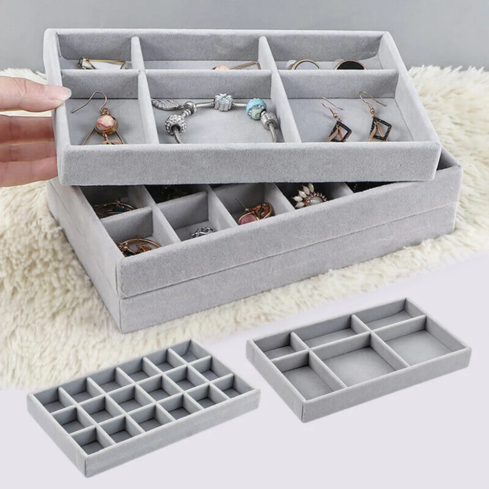 Color: Pink - Velvet Jewelry Storage Box Necklace Stackable Display Tray Bracelet Earring Organizers DIY Handicrafts Drawer Box Organizer Box