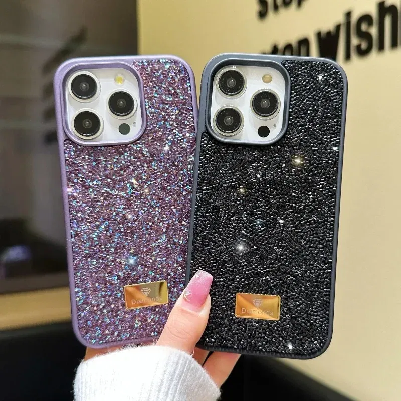 Material: PP, Color: Beige - Luxury INS Dazzling Full Covered Zircon Macaroon Color Phone Case for iPhone 16 15 14 11 12 13 Pro Max Plus Back Cover