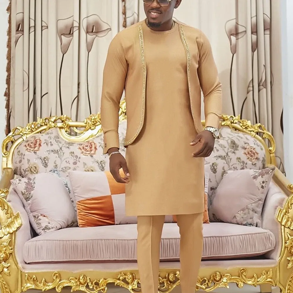 Color: Khaki, Size: 4XL - 2024 New African Traditional Men's Set Elegant and Fashionable Men's Suit Casual Embroidery Two Piece Set Men's Suit Kaftan