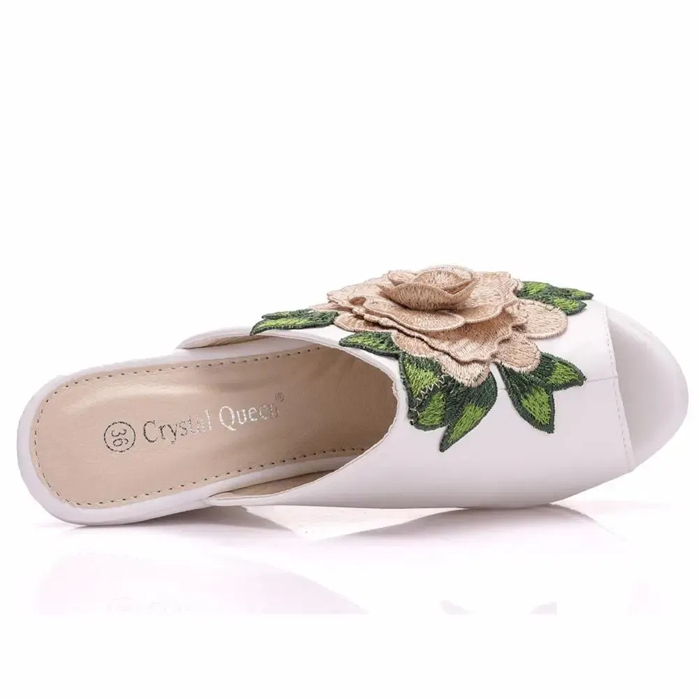 Color: Beige, Shoe Size: 40 - Crystal Queen Black White Peep Toe Platform Wedges High Heels Slippers Beach Sandals Women Lace Flower