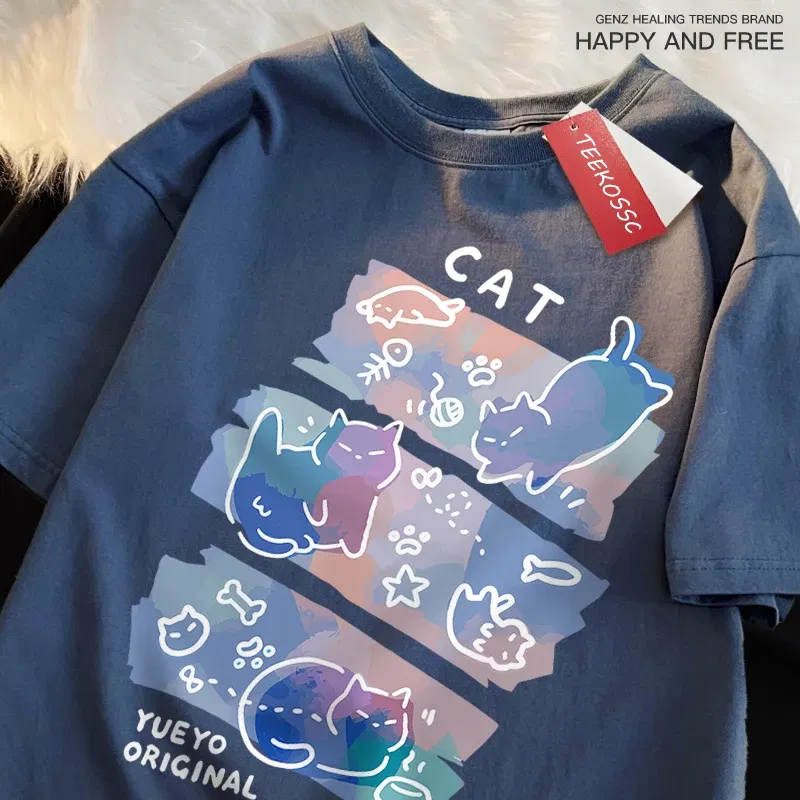 Color: SKY BLUE, Size: XL - Fun Mischievous Cat Print Japanese Style T-Shirts Men Women Fashion Tshirs Breathable Summer T-Shirts Cotton Loose Tee Clothes