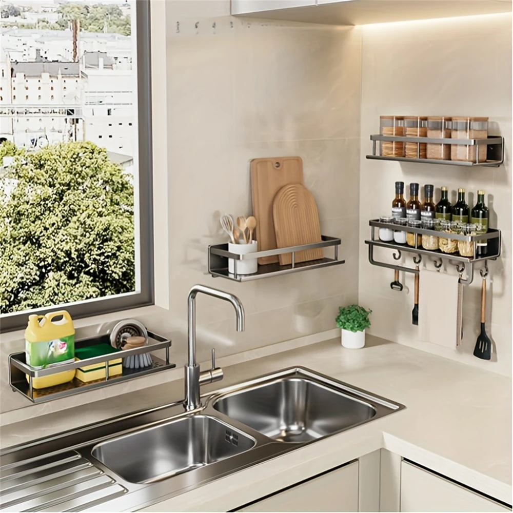 Color: multi - Multifunctional Kitchen and Bath Tray Wall-Mounted Aluminum Storage Rack Seasoning Bottle Storage Shelf Kitchen Storage Hooks