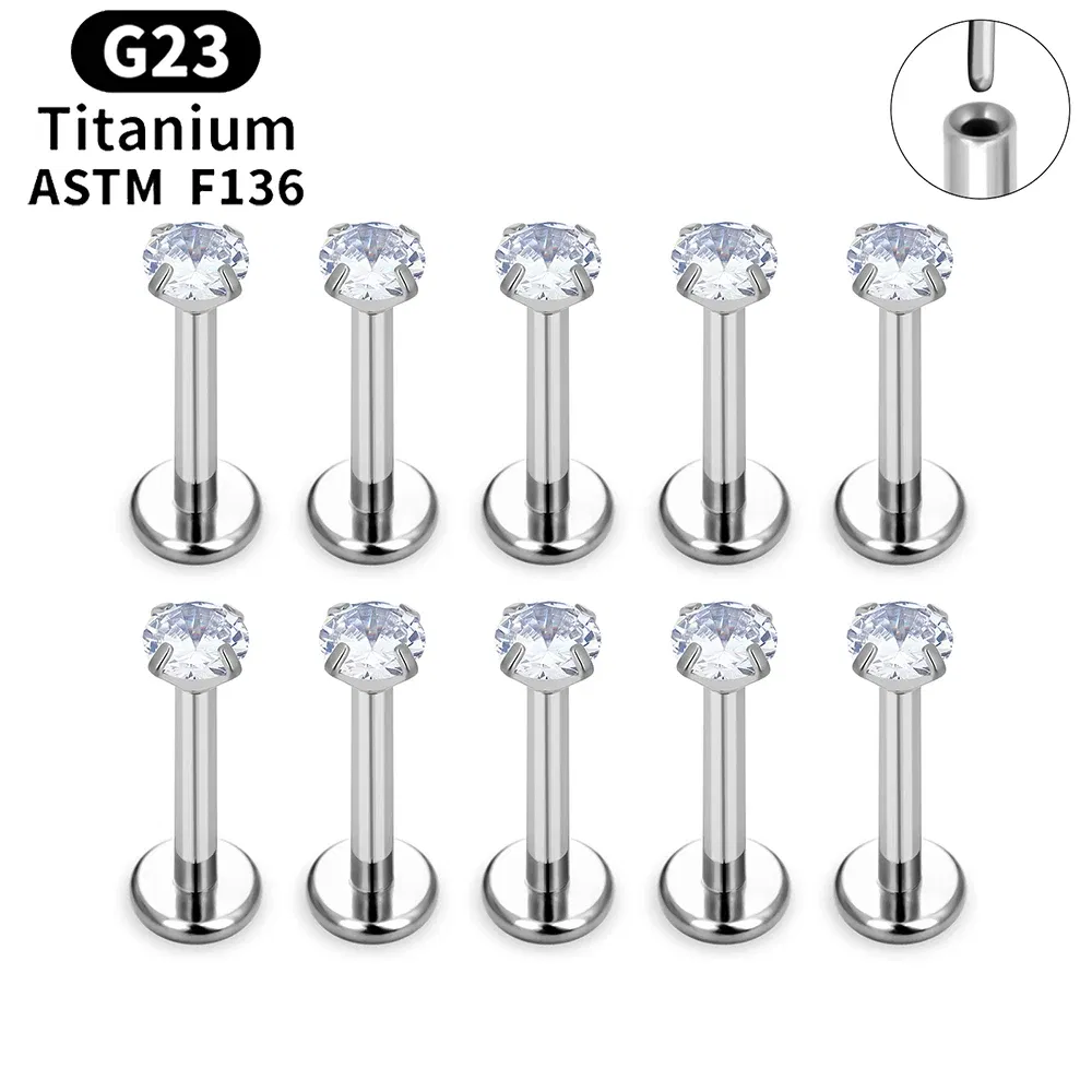 Metal color: Imitation Rhodium Plated, Ships From: CHINA, Main Stone Color: Multicolour - 10PCS ASTM F136 G23 Titanium Piercing Labret Lip Ring Stud Earring CZ Ear Tragus Cartilage Helix Daith Pierc Jewelry 16/18/20g