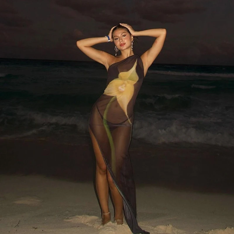 Color: black, Size: L - CUTENOVA Sexy Sleeveless One Shoulder Printed See Through Mesh Dresses For Women 2024 Summer High Slit Slim Beach Holiday Dress