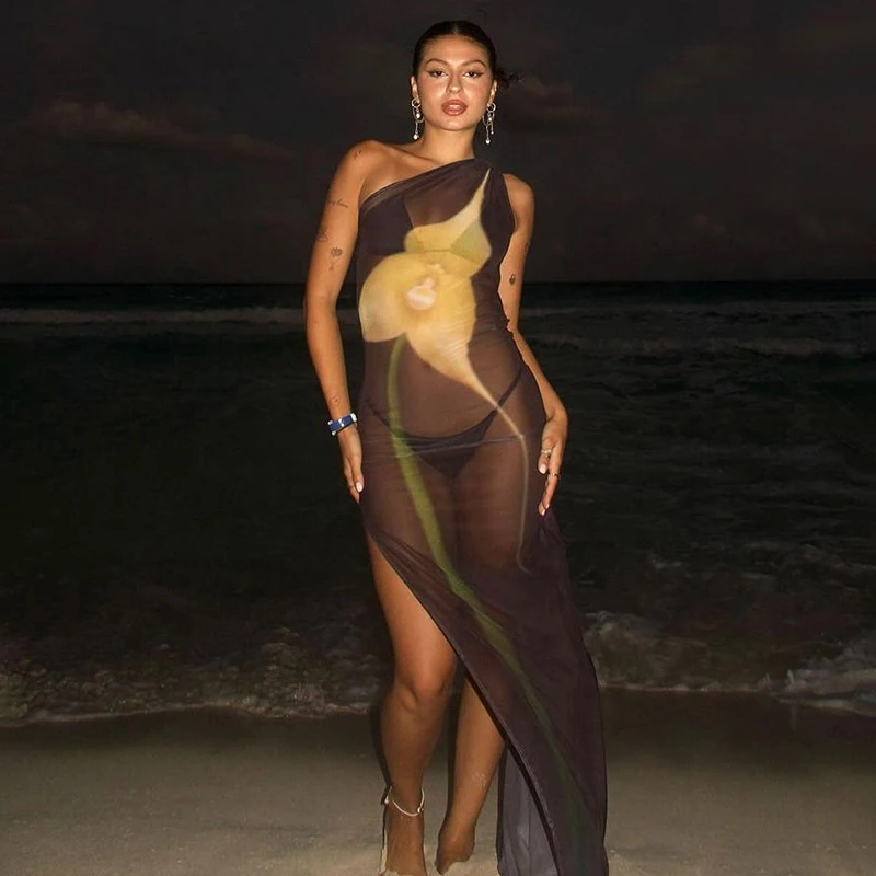 Color: black, Size: L - CUTENOVA Sexy Sleeveless One Shoulder Printed See Through Mesh Dresses For Women 2024 Summer High Slit Slim Beach Holiday Dress