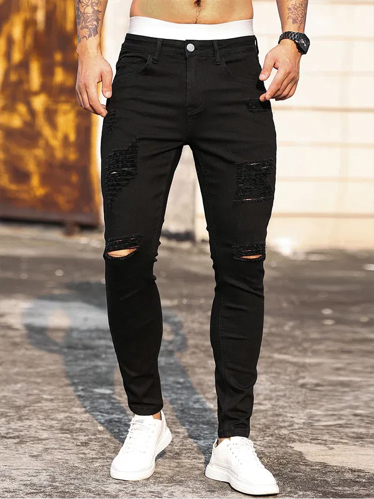 Color: Beige, Size: L - Fashion Men's Street Ripped Jeans Pure Black Stretch Tight Small Foot Pencil Pants Boyfriend Club Clothing Denim Ropa Hombre