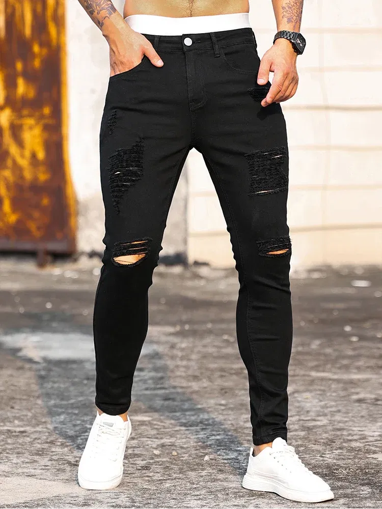 Color: Beige, Size: L - Fashion Men's Street Ripped Jeans Pure Black Stretch Tight Small Foot Pencil Pants Boyfriend Club Clothing Denim Ropa Hombre