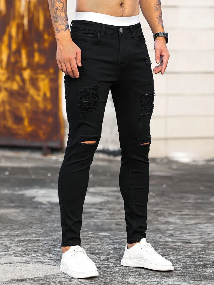 Color: Beige, Size: L - Fashion Men's Street Ripped Jeans Pure Black Stretch Tight Small Foot Pencil Pants Boyfriend Club Clothing Denim Ropa Hombre