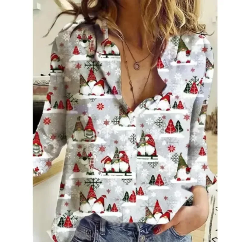 Color: Brown, Size: M, Ships From: CHINA - Women New Christmas Shirt Cute Christmas Tree Santa Claus Print Blouses Casual Long Sleeve Button Tops Autumn Blouses Ladies