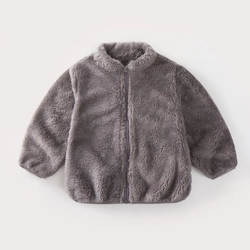 Color: GRAY, Kid Size: 18M - Child Autumn Winter Costume Solid Color Outerwear Casual Loose Long Sleeve Tops Plush Jacket Boys Girls Fashion Simple Coats