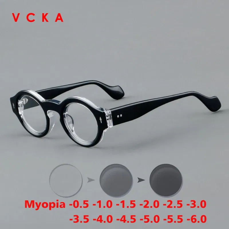 Frame Color: GRAY, Eye Prescription: +400 - VCKA Round Acetate Myopia Anti-blue Discolor Glasses Vintage Men Prescription Intensification Custom Optics Eyewear -0.50 to -10