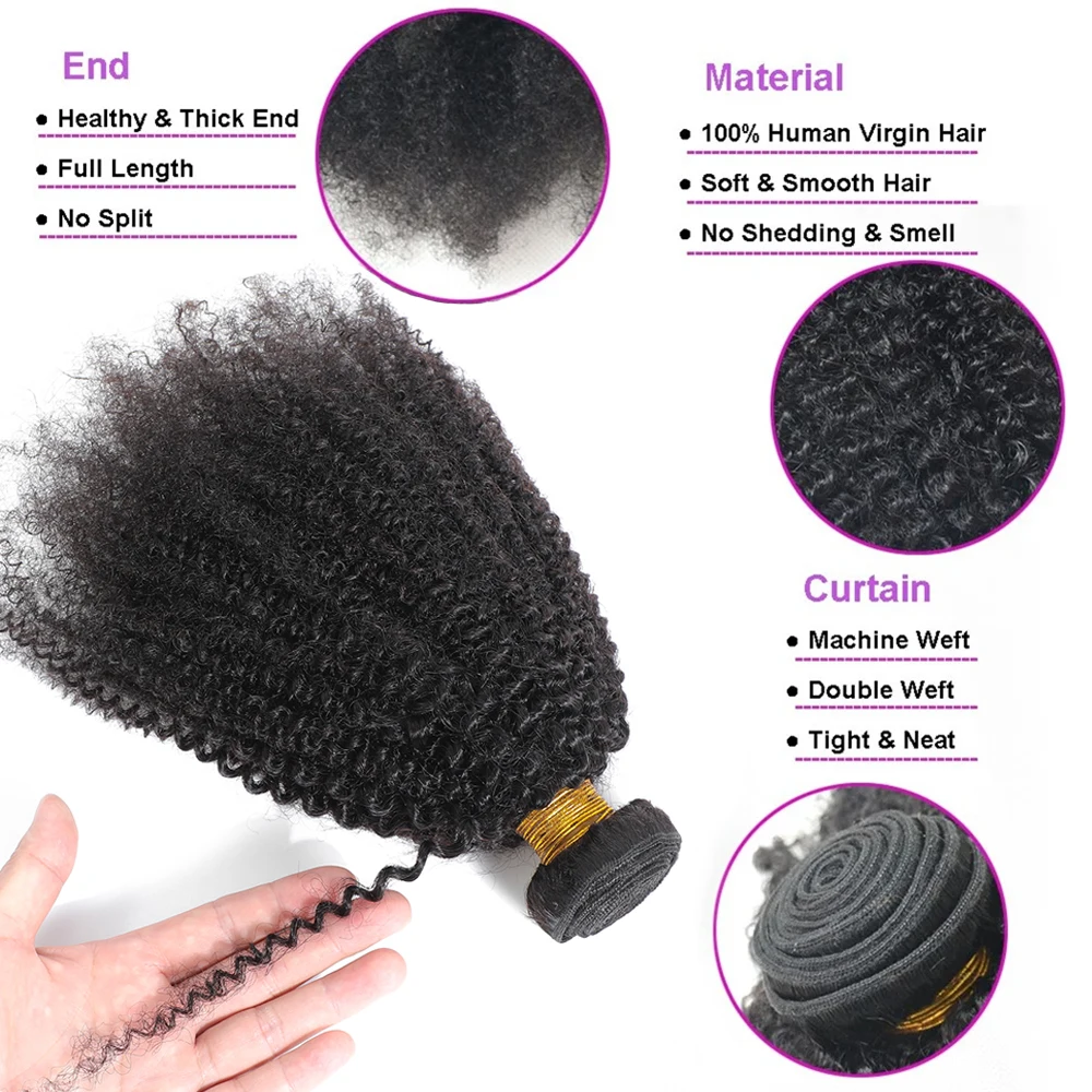 Color: Natural Color, Stretched Length: 12 14 16 - Afro Kinky Curly Bundles Brazilian 1/3 Afro Kinky Human Hair Bundles Deal 8-24" Hair Extensions Curly Human Hair Weave For Women