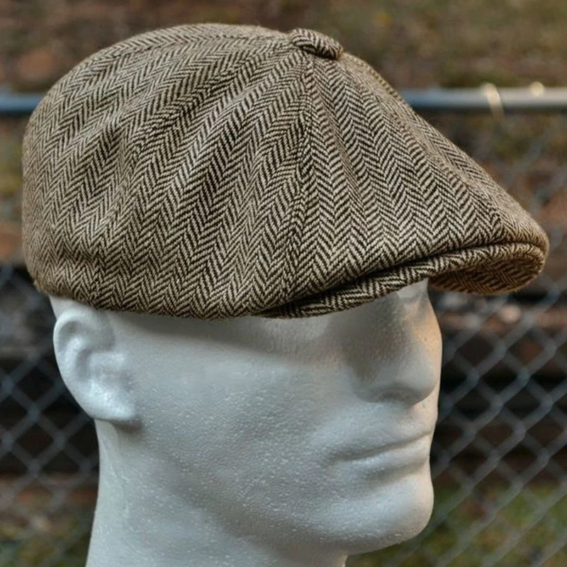 Color: GRAY, Hat Size: One Size - Men herringbone style berets retro woolen top felt hat fashion wild casual berets flat berets