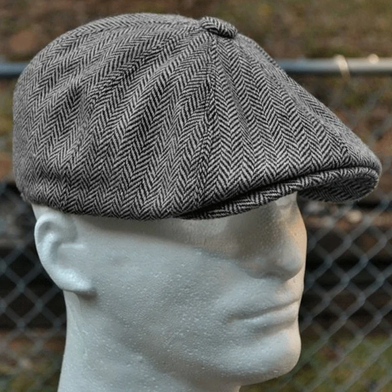Color: GRAY, Hat Size: One Size - Men herringbone style berets retro woolen top felt hat fashion wild casual berets flat berets