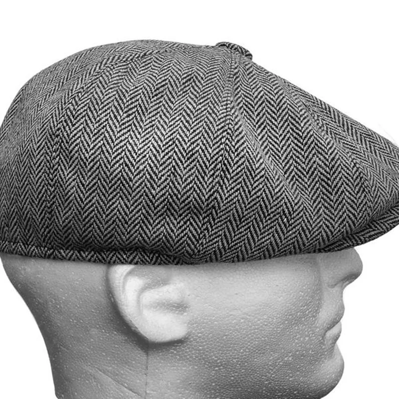 Color: GRAY, Hat Size: One Size - Men herringbone style berets retro woolen top felt hat fashion wild casual berets flat berets