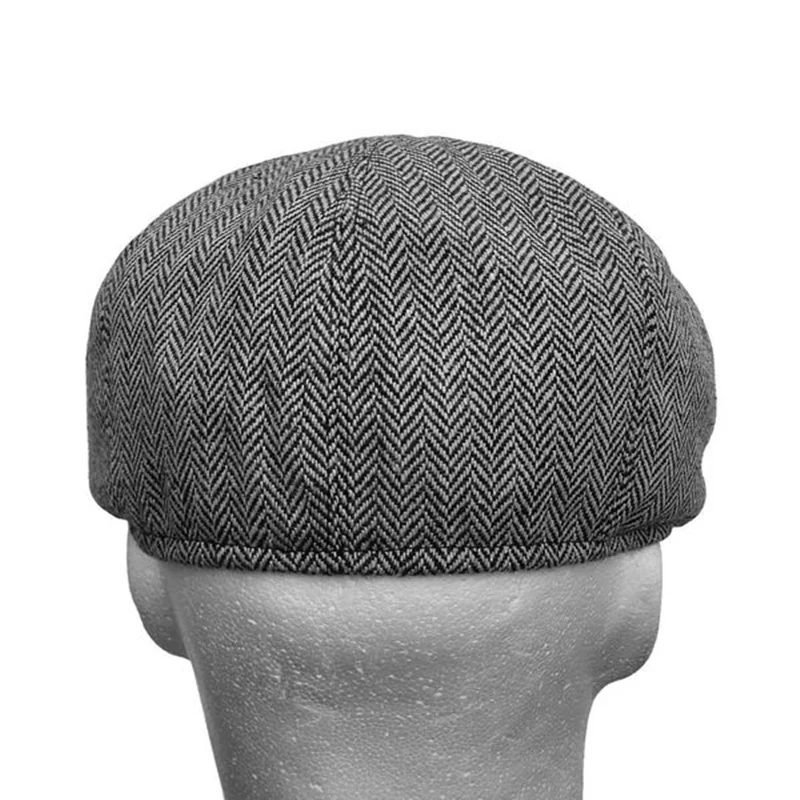 Color: GRAY, Hat Size: One Size - Men herringbone style berets retro woolen top felt hat fashion wild casual berets flat berets
