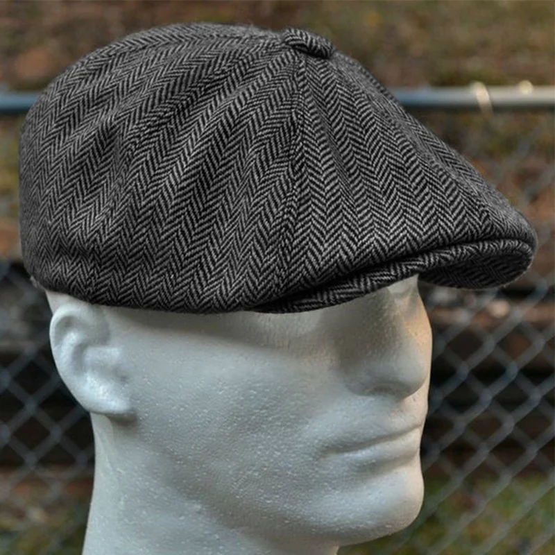 Color: GRAY, Hat Size: One Size - Men herringbone style berets retro woolen top felt hat fashion wild casual berets flat berets