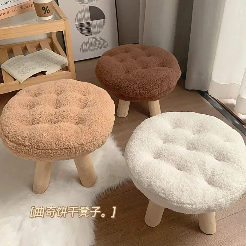 Color: Black - Creative Stool Nordic Furniture Solid Wood Small Stool Spherical Stool Removable Washable Furniture Round Ottomans Ins Pouf