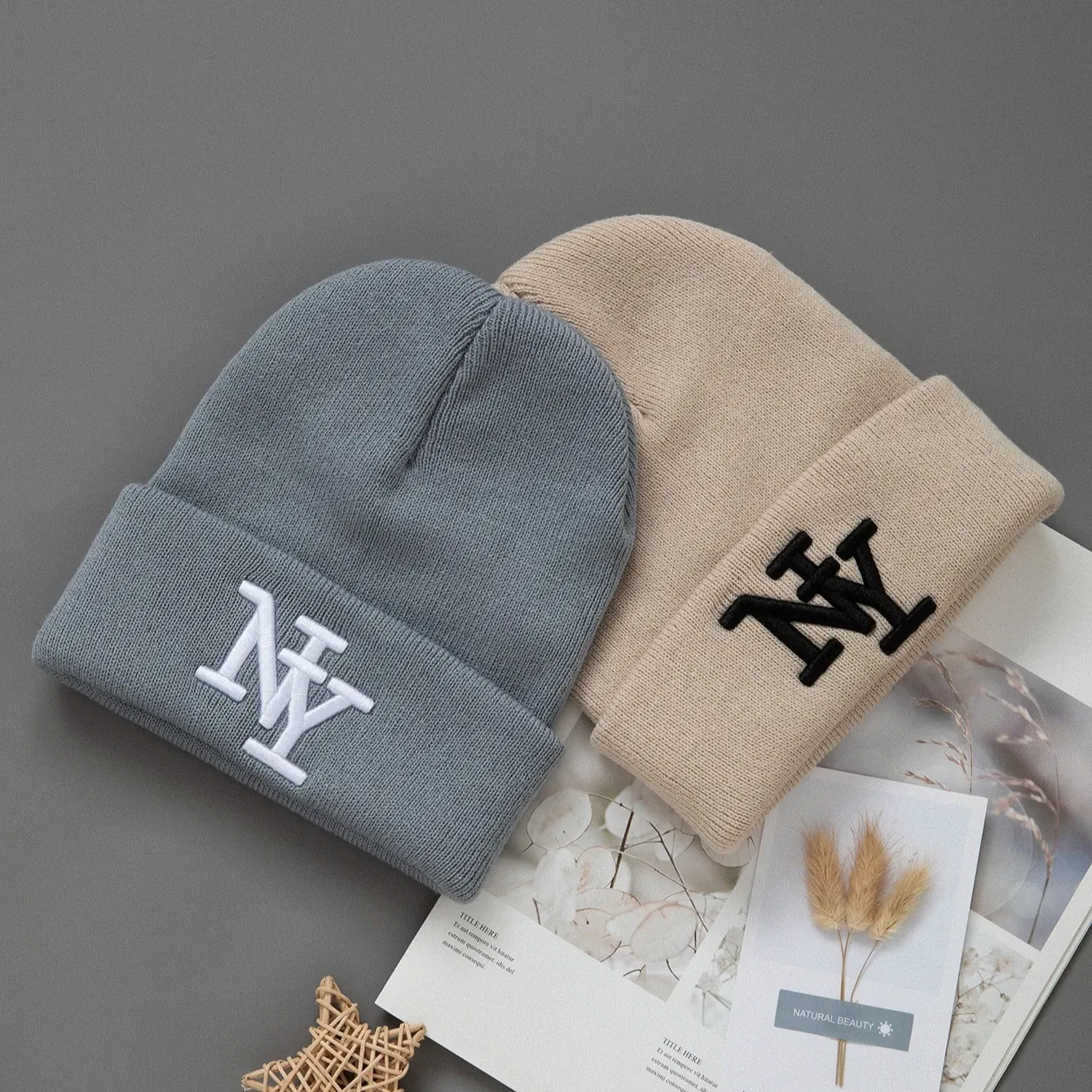 Color: Chrome Silver - 1/2/3pcs Unisex Winter Beanie Hats, Solid Color Knitted Warm Outdoor Caps with Embroidered NY Logo, Hand Washable, Black