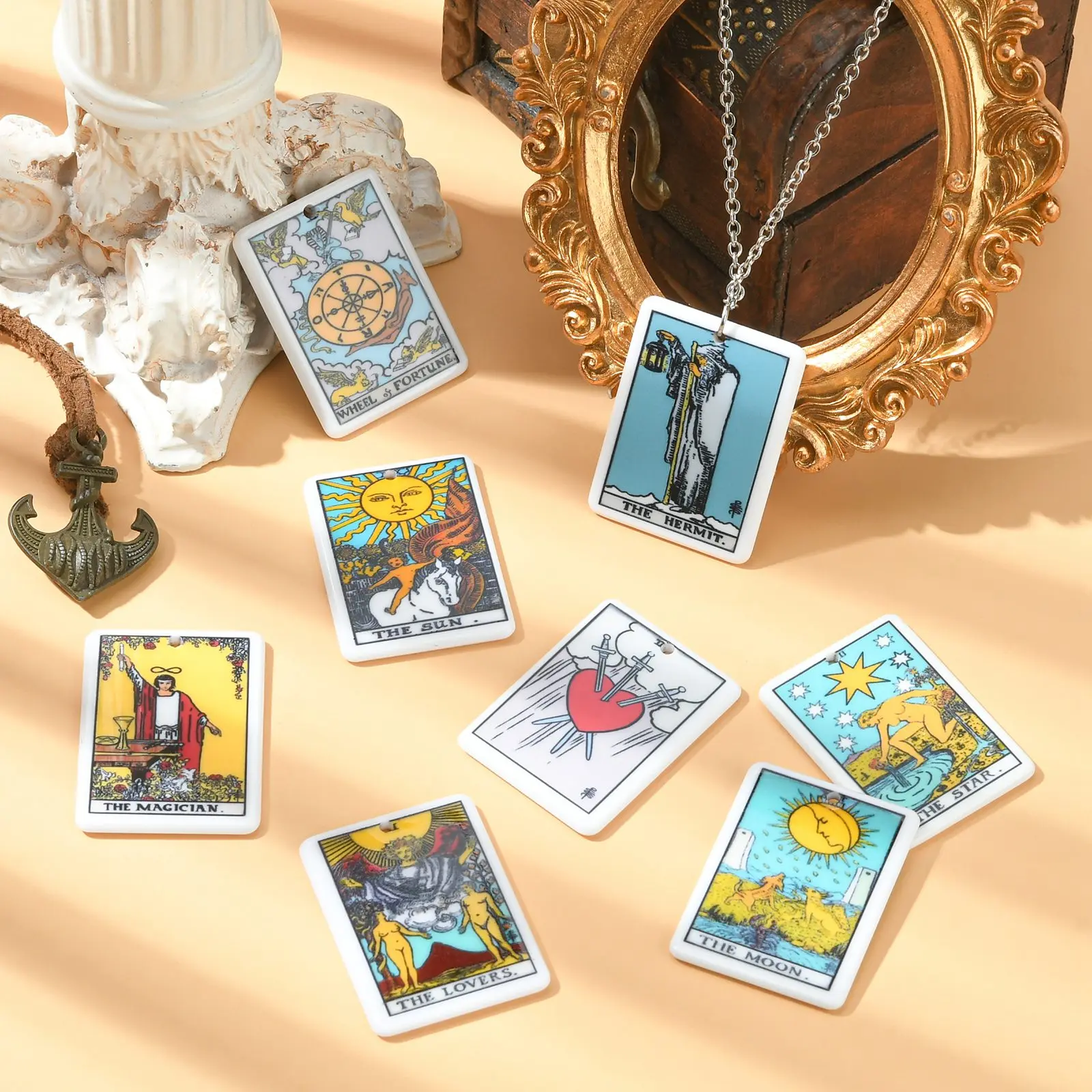 16Pcs 8 Styles Acrylic Tarot Card Charms Sun Moon Star Tarot Charms Divination Rectangle Tarot Pattern Charms for Jewelry Making