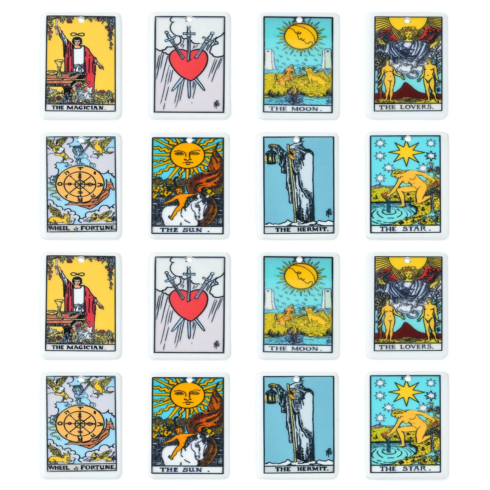 16Pcs 8 Styles Acrylic Tarot Card Charms Sun Moon Star Tarot Charms Divination Rectangle Tarot Pattern Charms for Jewelry Making