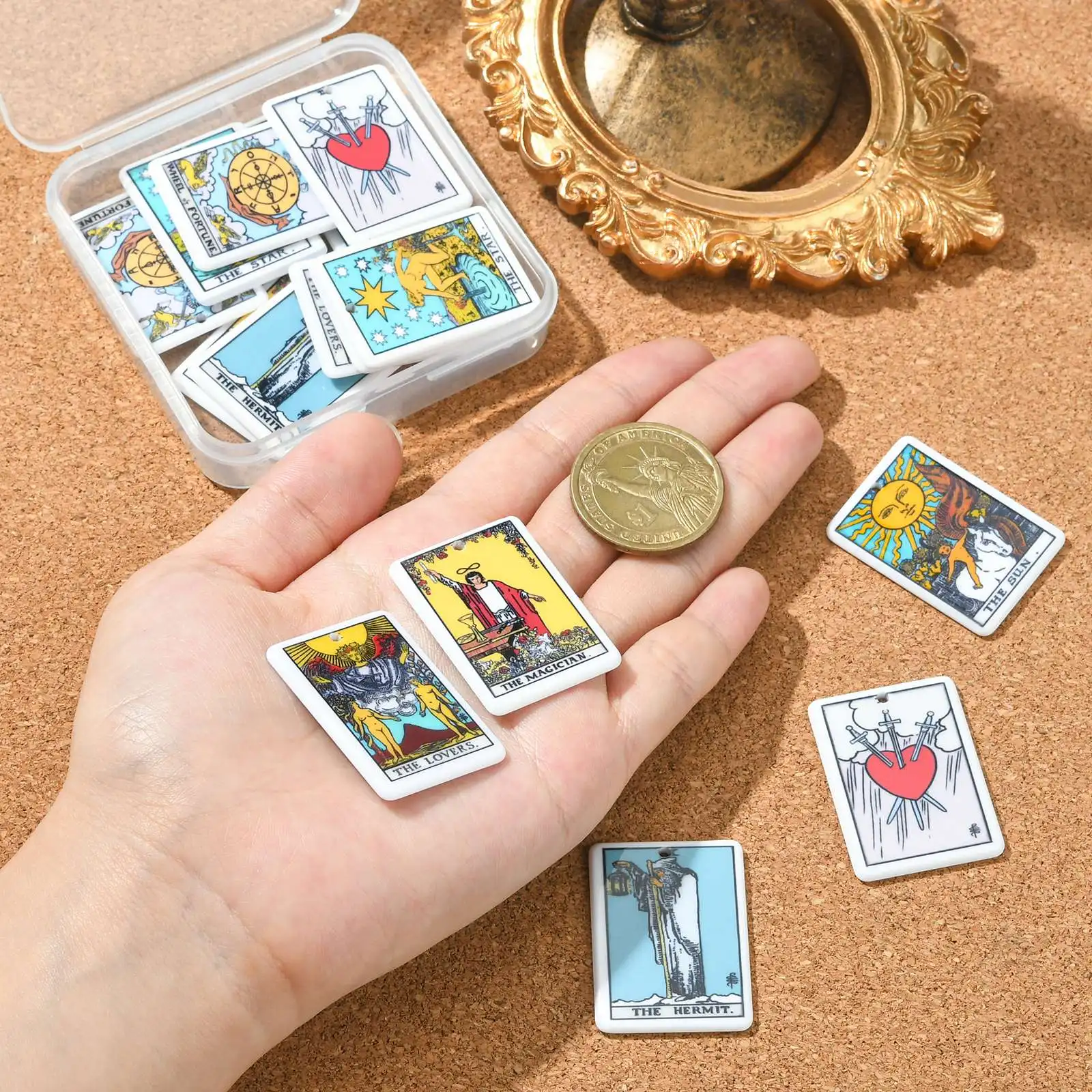 16Pcs 8 Styles Acrylic Tarot Card Charms Sun Moon Star Tarot Charms Divination Rectangle Tarot Pattern Charms for Jewelry Making